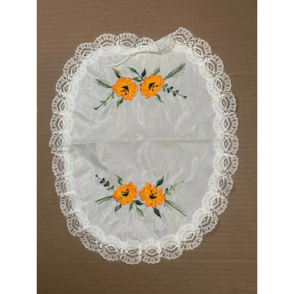Vintage Lace Embroidered Doily Set of 4 White Orange Flower Cottage Romantic